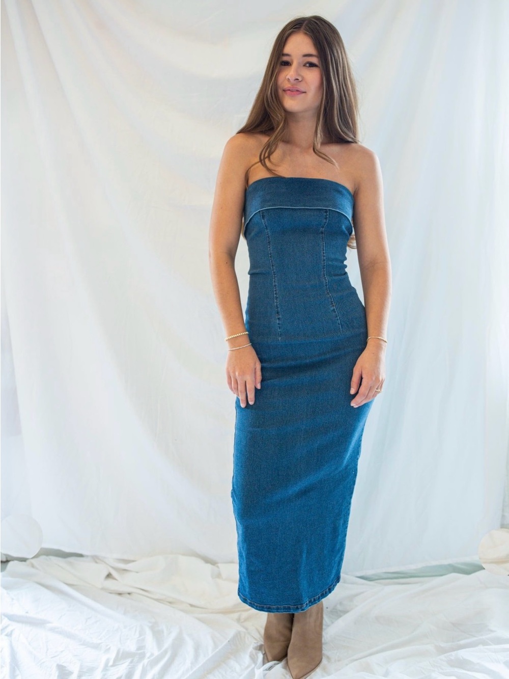 Strapless Dark Blue Denim Midi Skirt